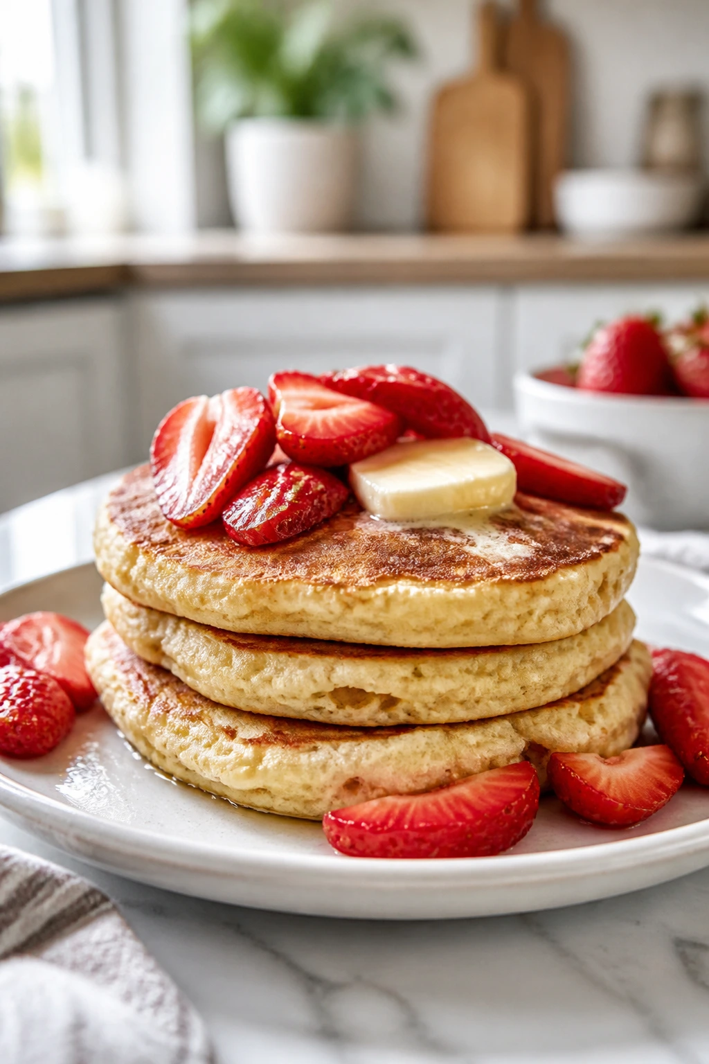 Stack of cottage cheese pancakes with strawberries
