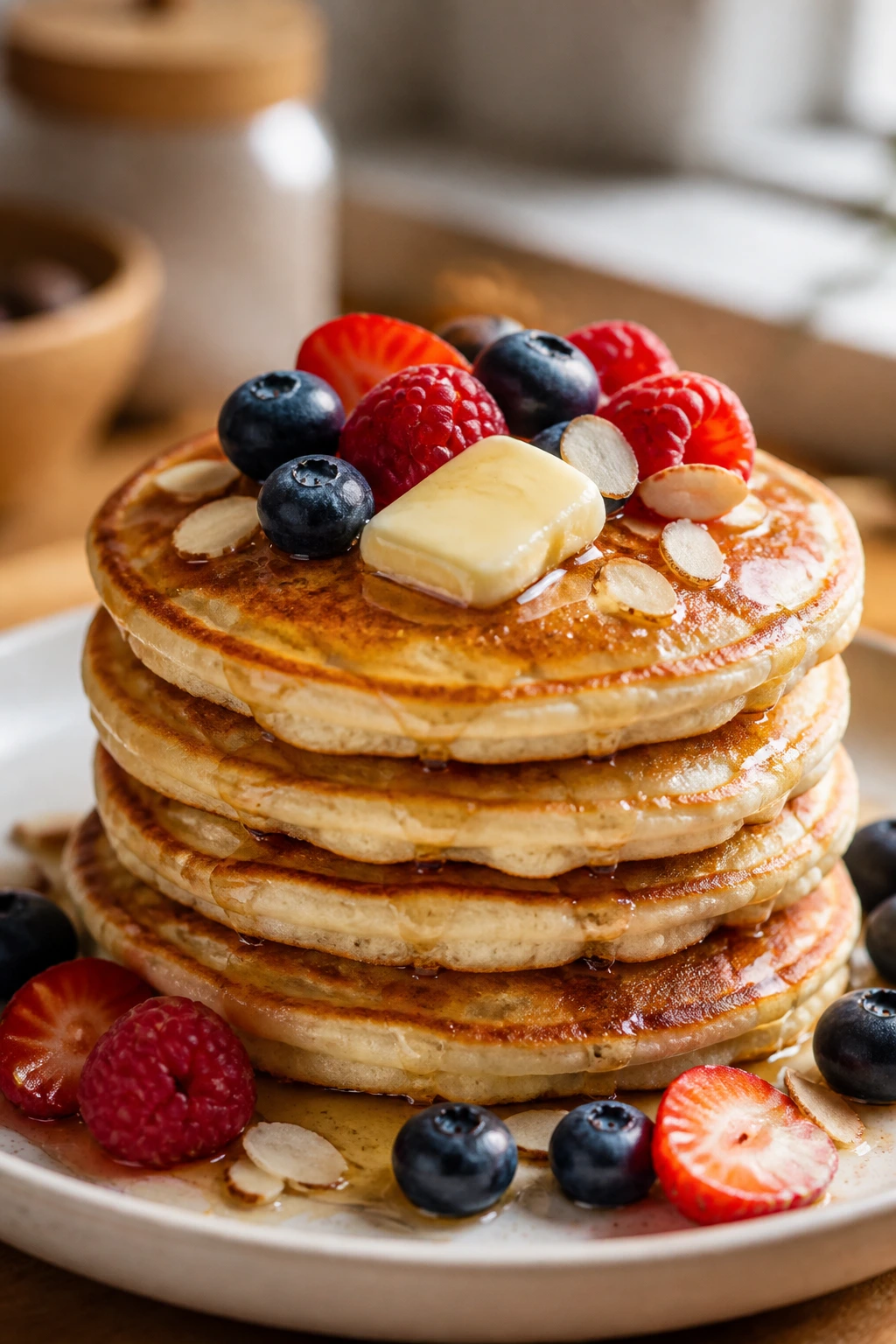 Stack of cottage cheese pancakes with almonds and berries
