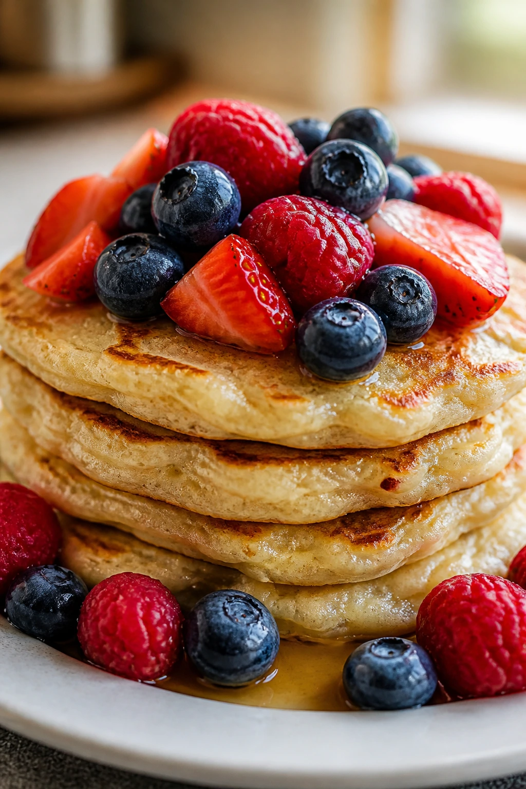 Close-up of cottage cheese pancakes with berries on plate