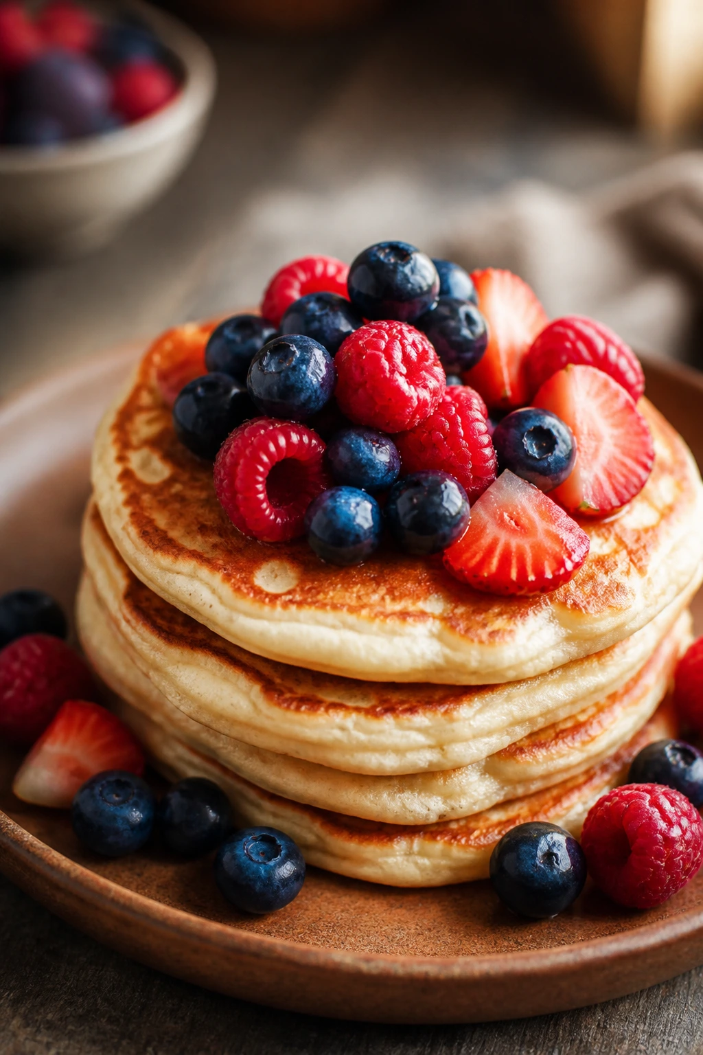 Stack of cottage cheese pancakes with berries on a rustic counter