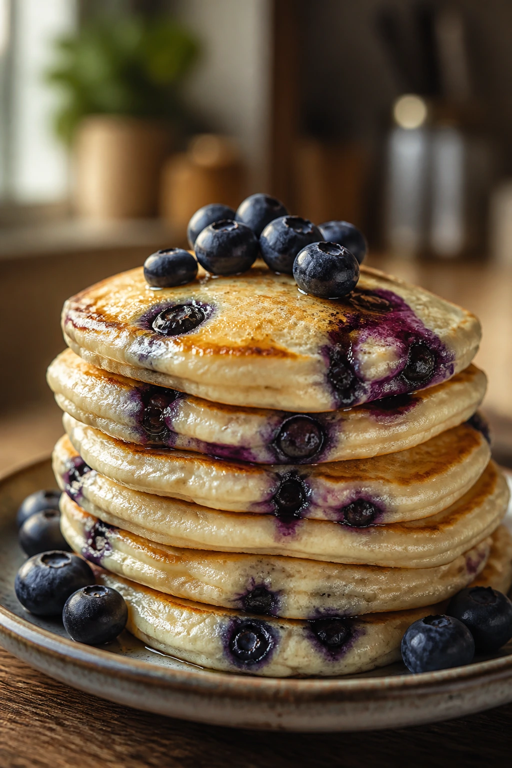 Stack of cottage cheese pancakes with blueberries on a plate in a cozy kitchen