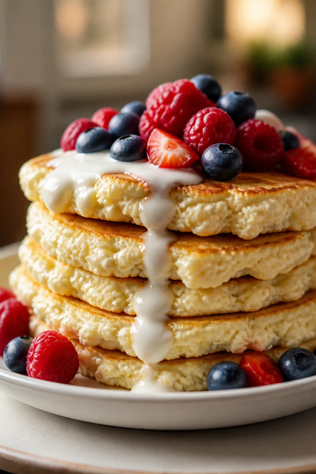 Stack of fluffy cottage cheese pancakes with berries