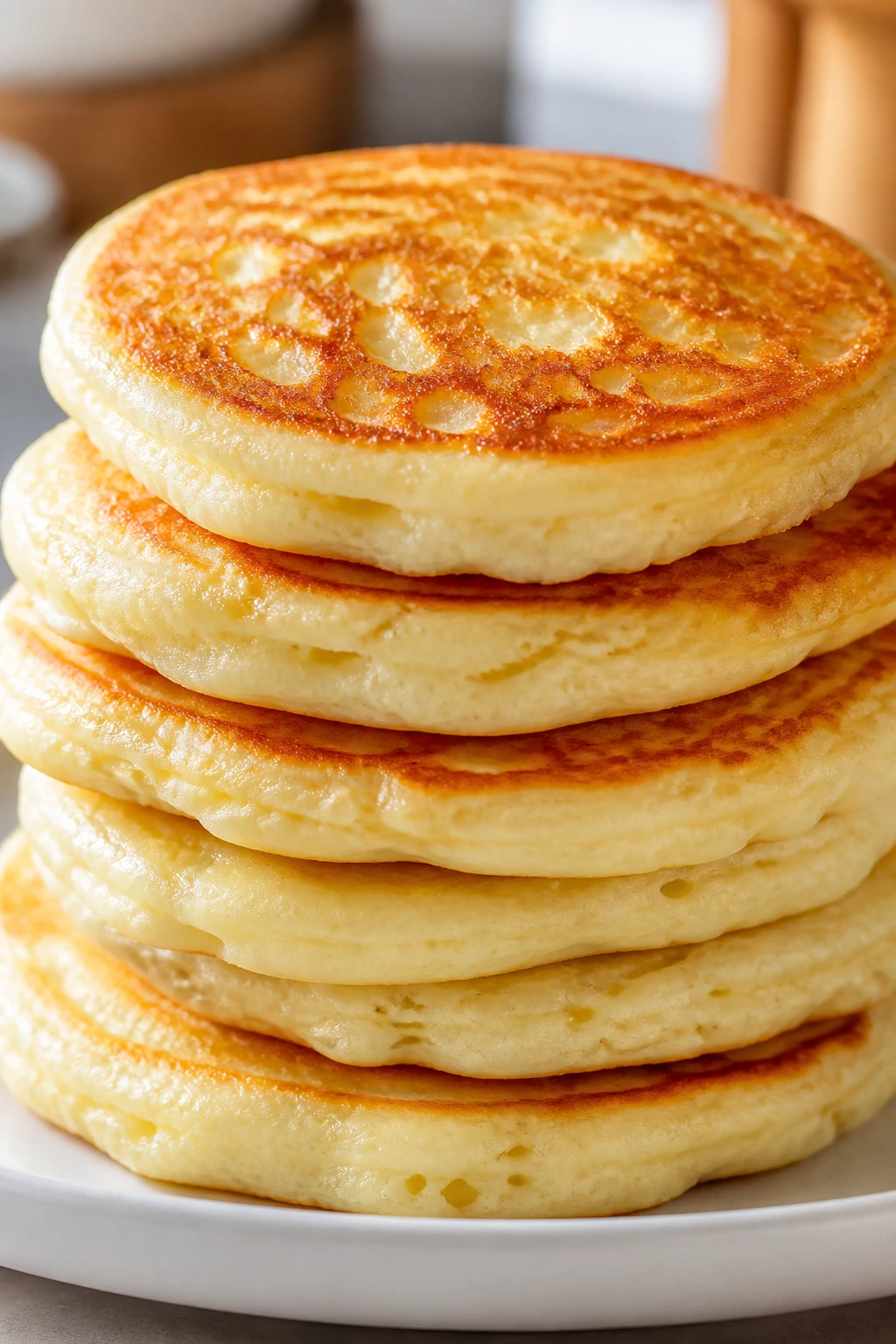 Stack of cottage cheese pancakes on a plate in a bright kitchen