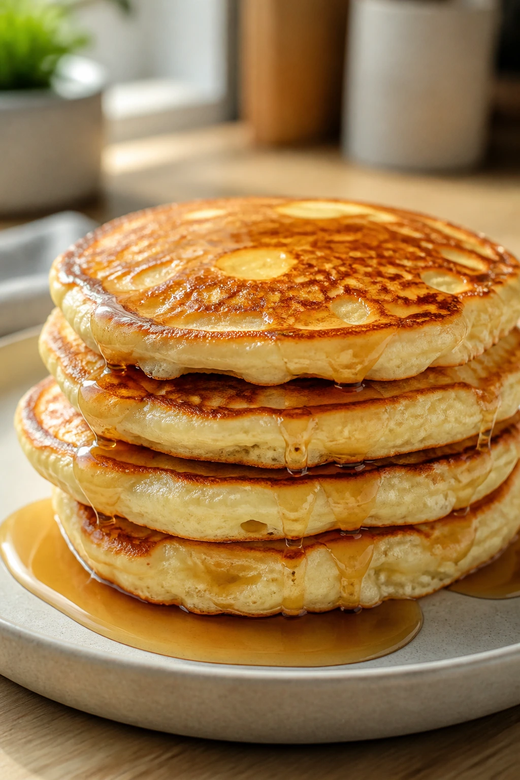 Stack of cottage cheese pancakes with syrup on a plate