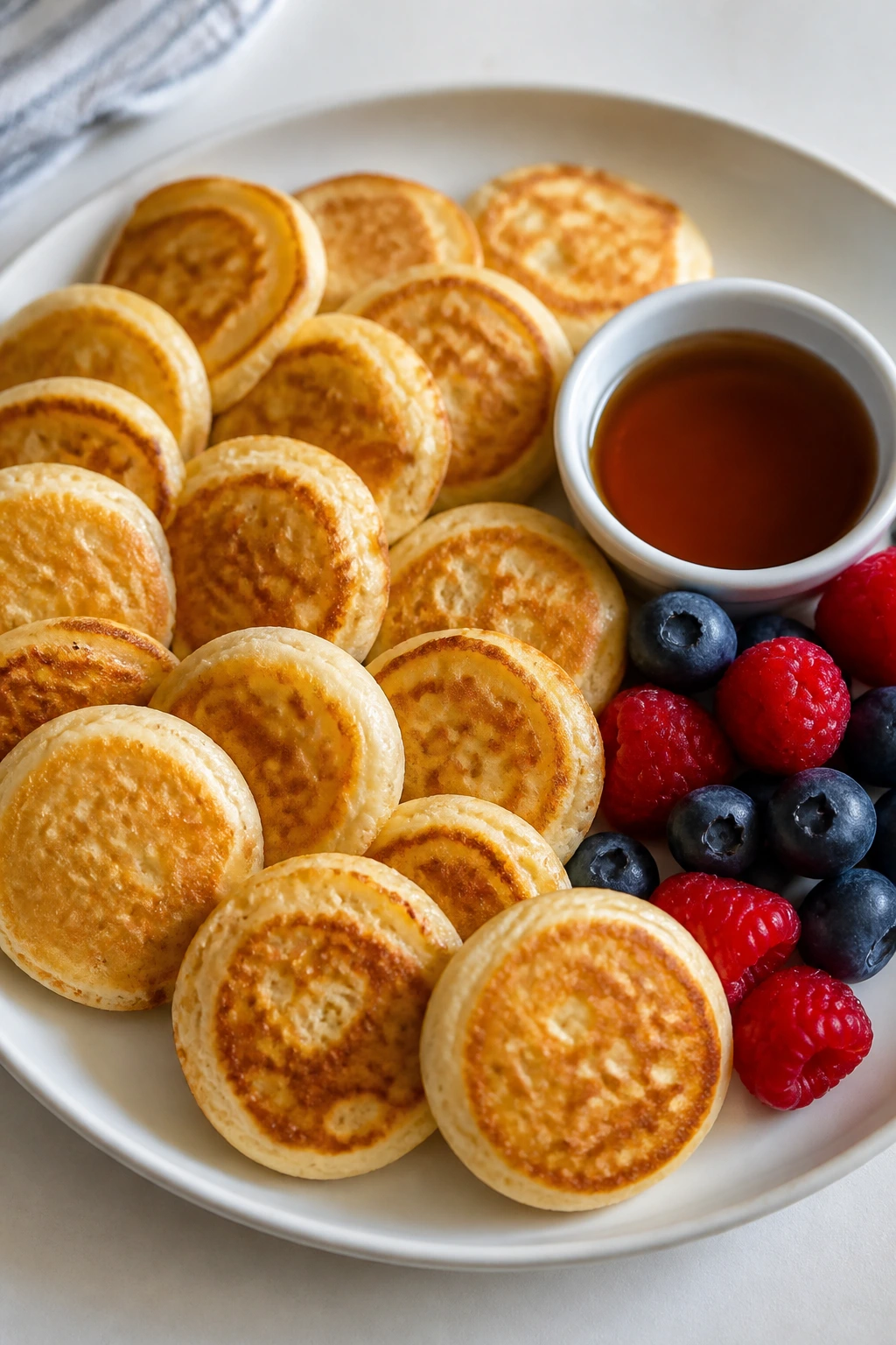 Close-up of mini cottage cheese pancakes with berries and syrup on a plate.