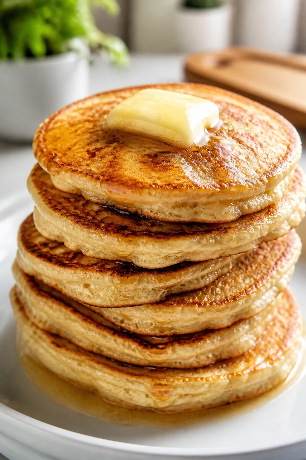 Stack of cottage cheese protein pancakes on plate in a bright kitchen