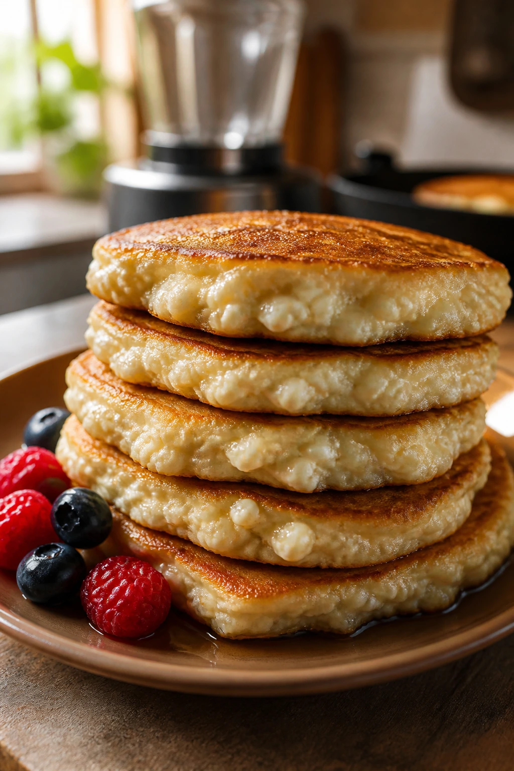 Close-up of a tall stack of cottage cheese pancakes on a warm plate with berries