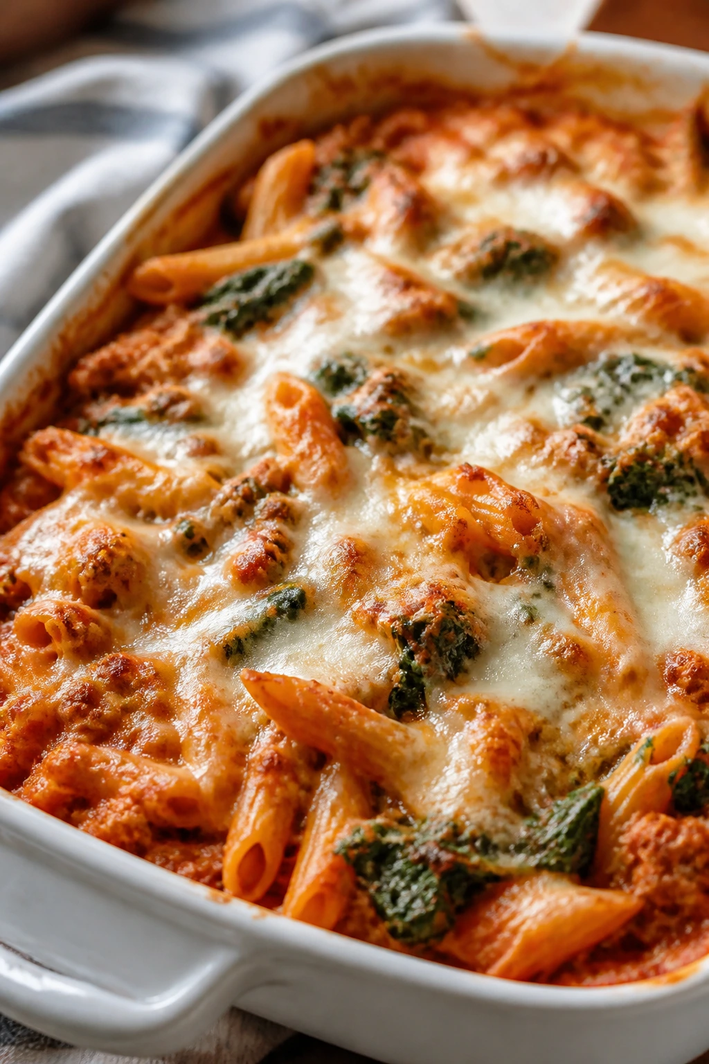 Close-up of cottage cheese pasta bake with turkey and spinach
