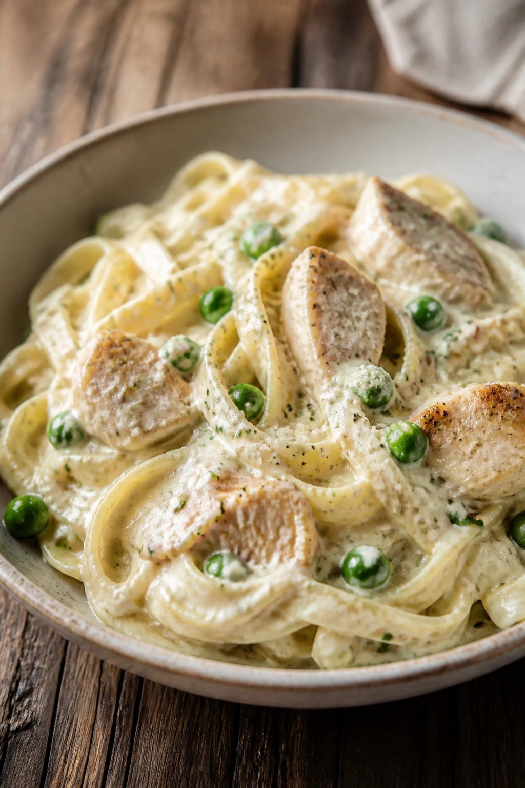 Creamy cottage cheese Alfredo with chicken and peas in a shallow bowl