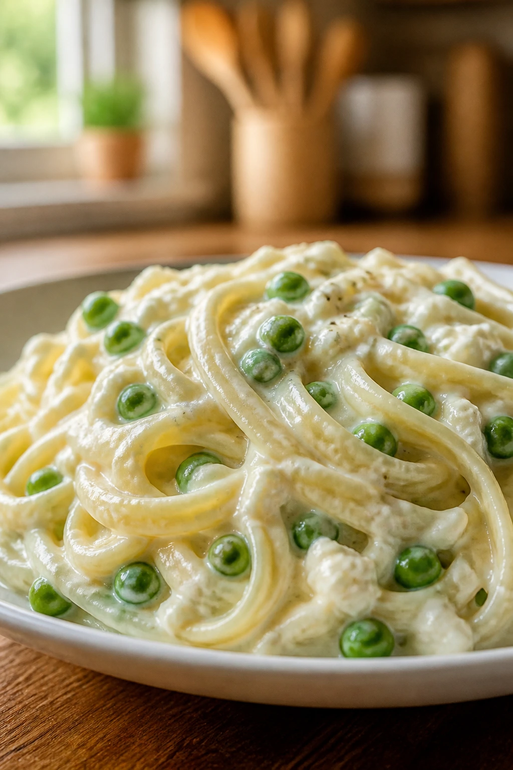 Creamy cottage cheese alfredo with peas on pasta close-up
