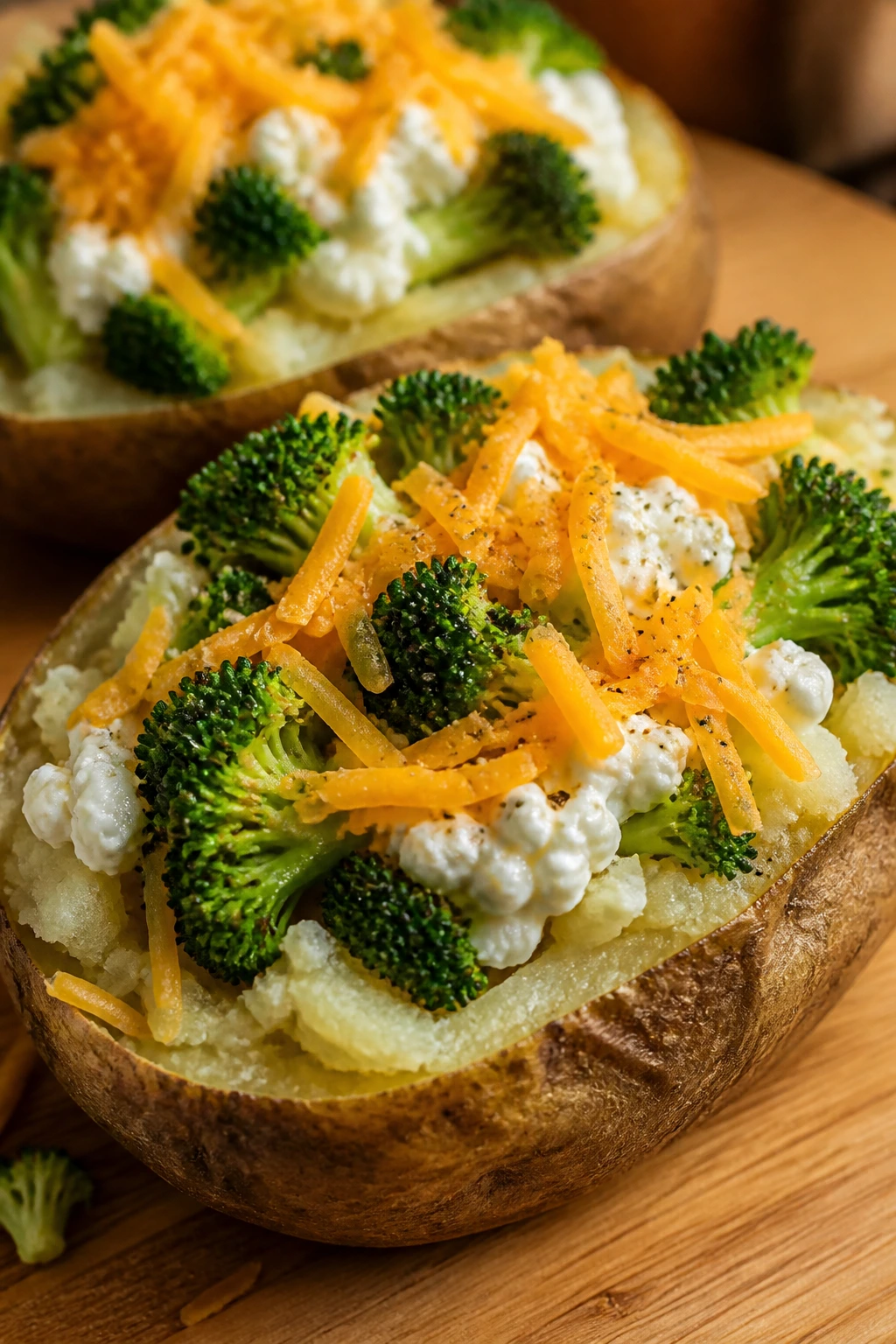 Close-up of loaded cottage cheese baked potatoes with broccoli on a wooden counter