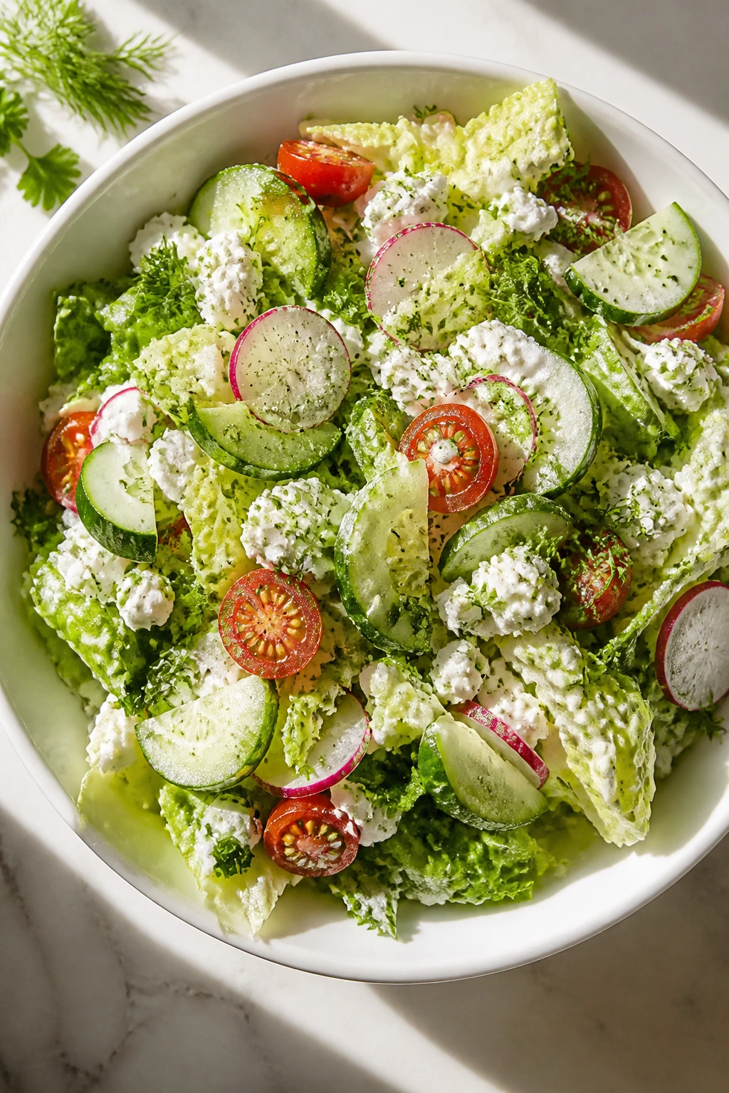 Top-down view of a bright cottage cheese salad bowl with crisp greens and colorful vegetables