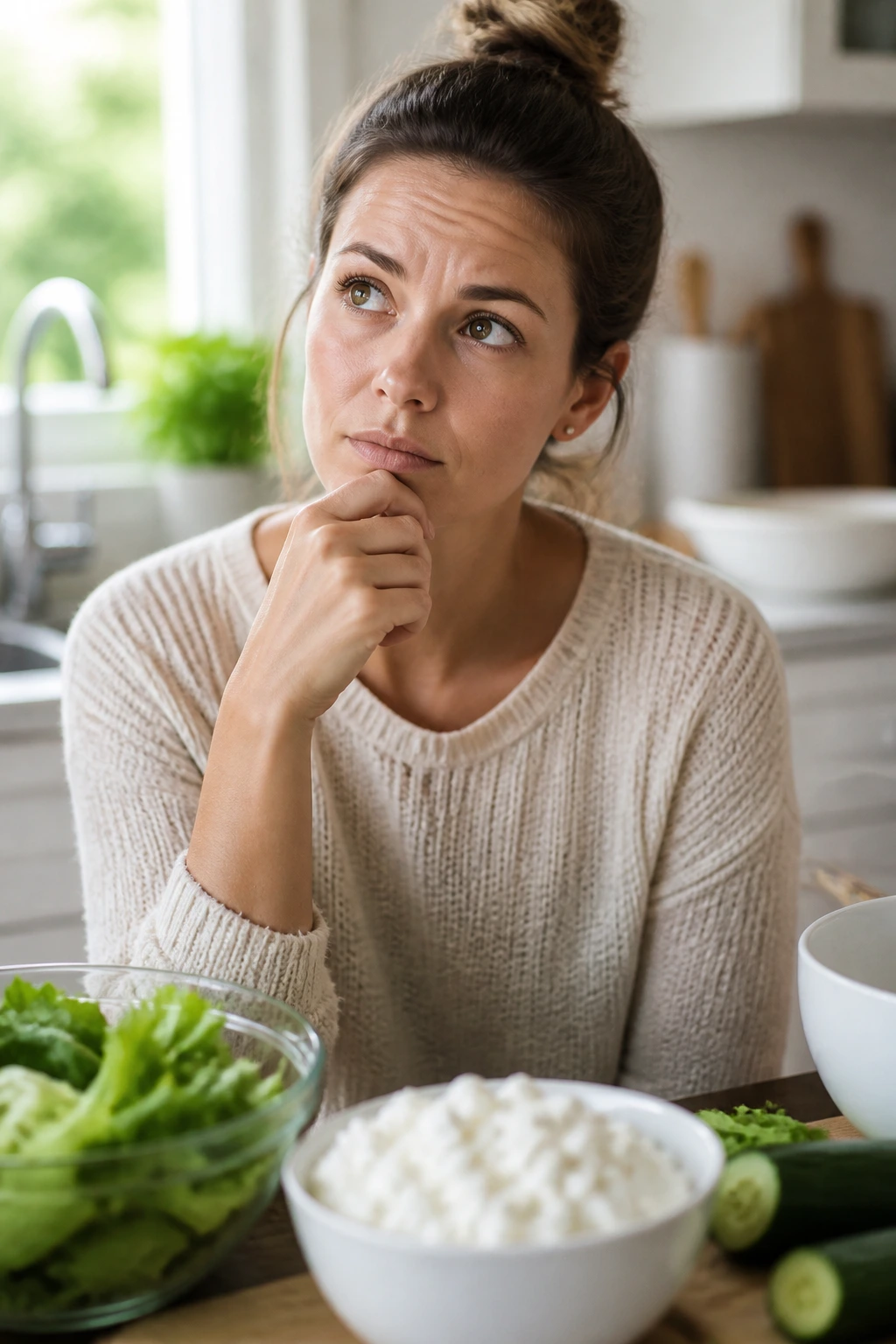 Close-up portrait of a real person in a bright kitchen, thoughtful about cottage cheese salad
