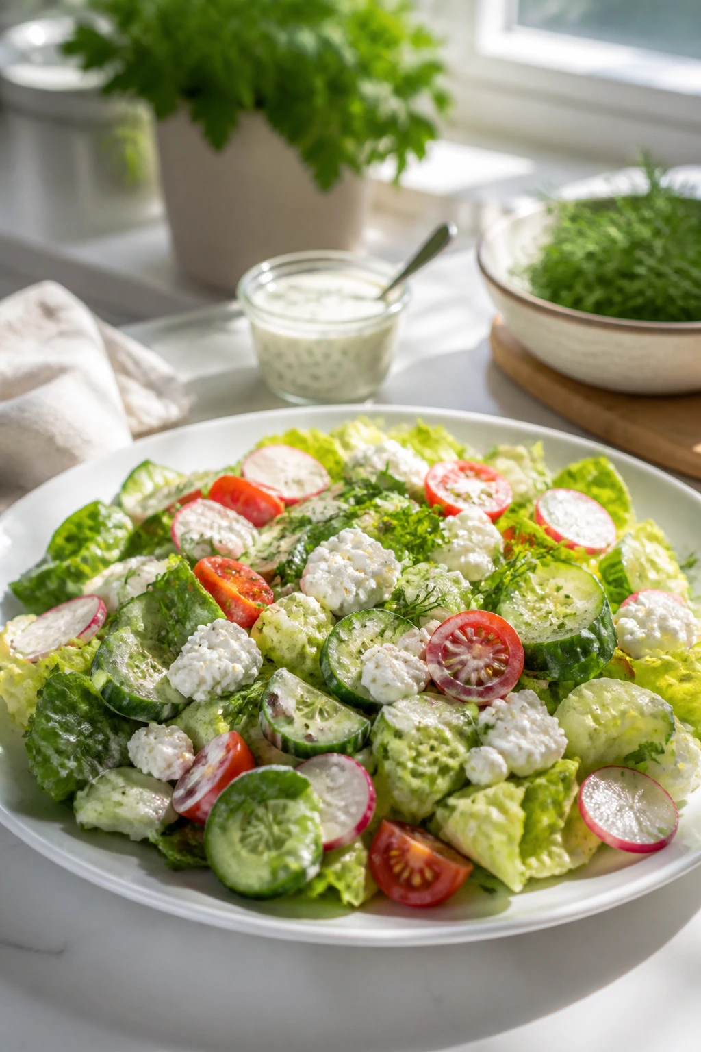 Close-up plated cottage cheese salad with lemony dressing in bright kitchen