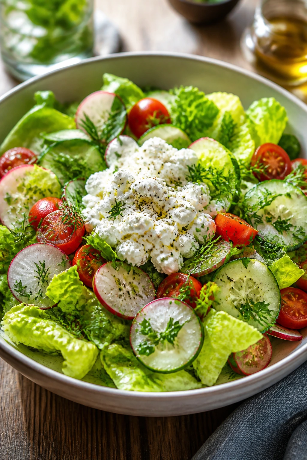 Close-up of a crisp cottage cheese salad with greens, cucumber, tomatoes, radish, and herbs in a bowl