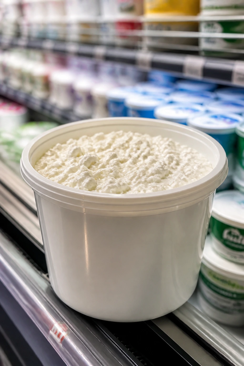 Cottage cheese tub on store shelf for smart shopping.