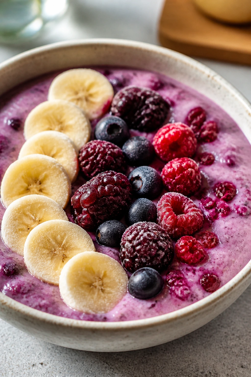 Smoothie bowl made with cottage cheese, banana and berries.