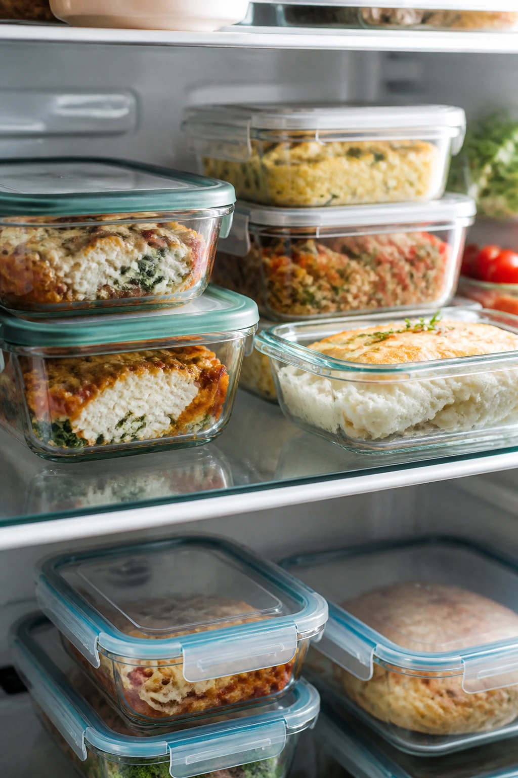 Fridge shelf with glass containers of baked cottage cheese dishes for make-ahead storage