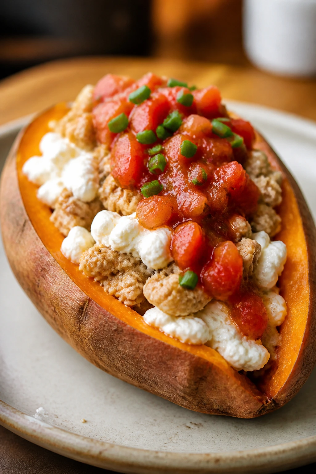 Halved sweet potato stuffed with turkey and cottage cheese