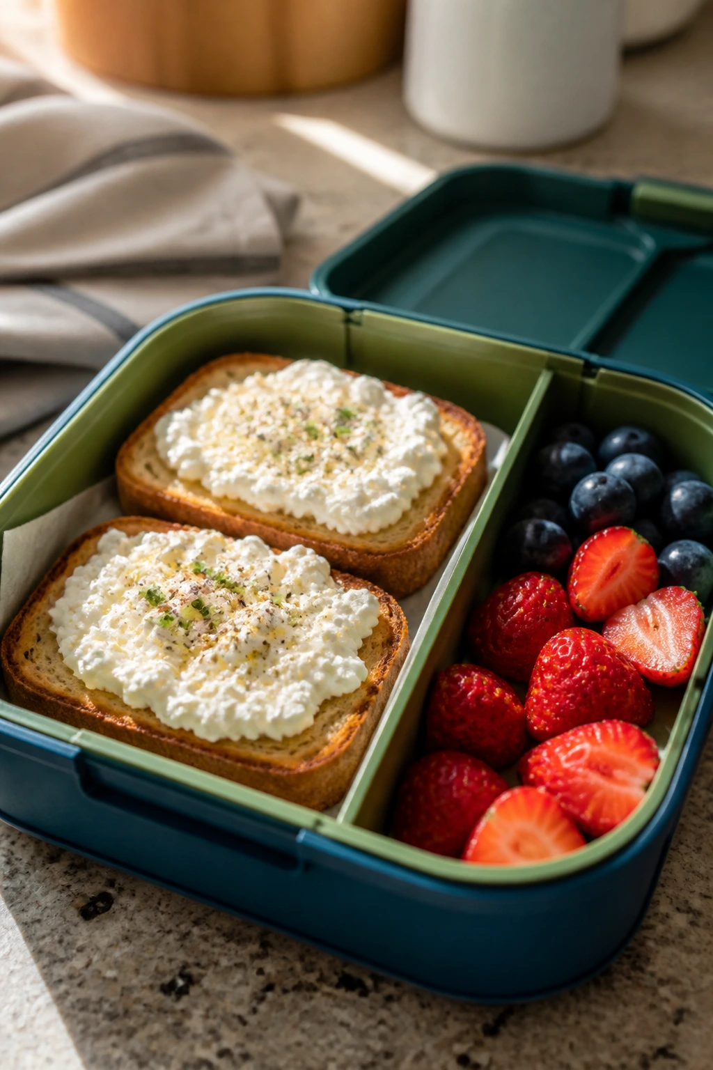 Close-up of cottage cheese toast in a lunchbox with berries