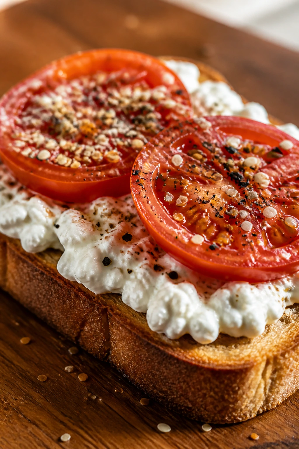 Open-faced cottage cheese toast with tomato and everything spice on a wooden board