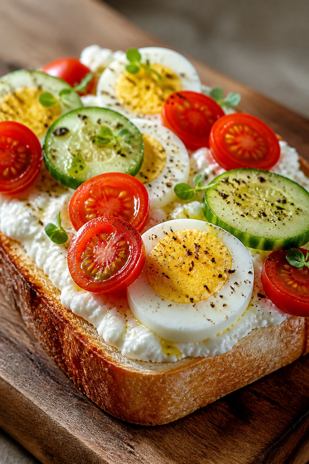 Close-up of cottage cheese toast with eggs tomatoes and cucumber
