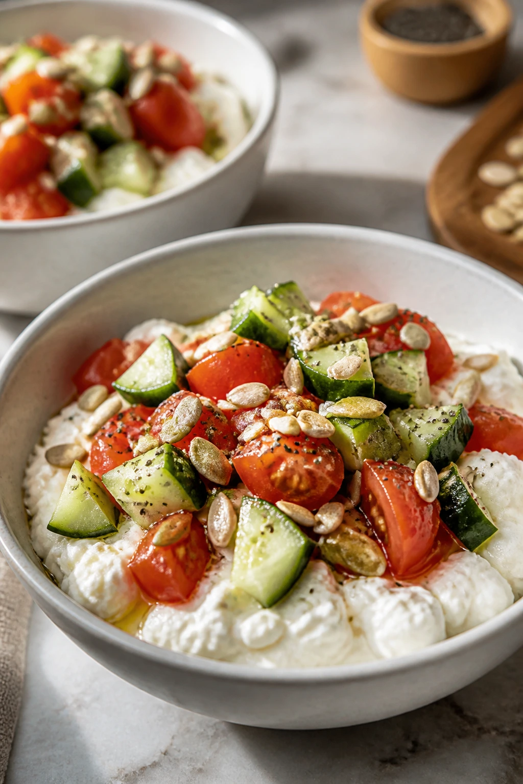 Two bowls of cottage cheese with tomato and cucumber toppings on a kitchen counter