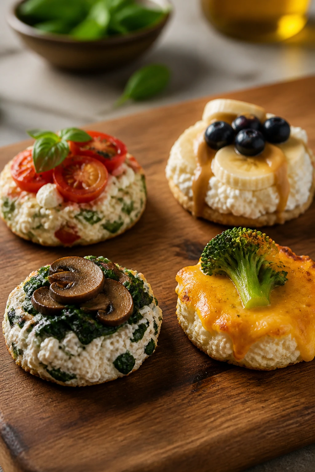 Assortment of cottage cheese bites showing variations on a wooden board