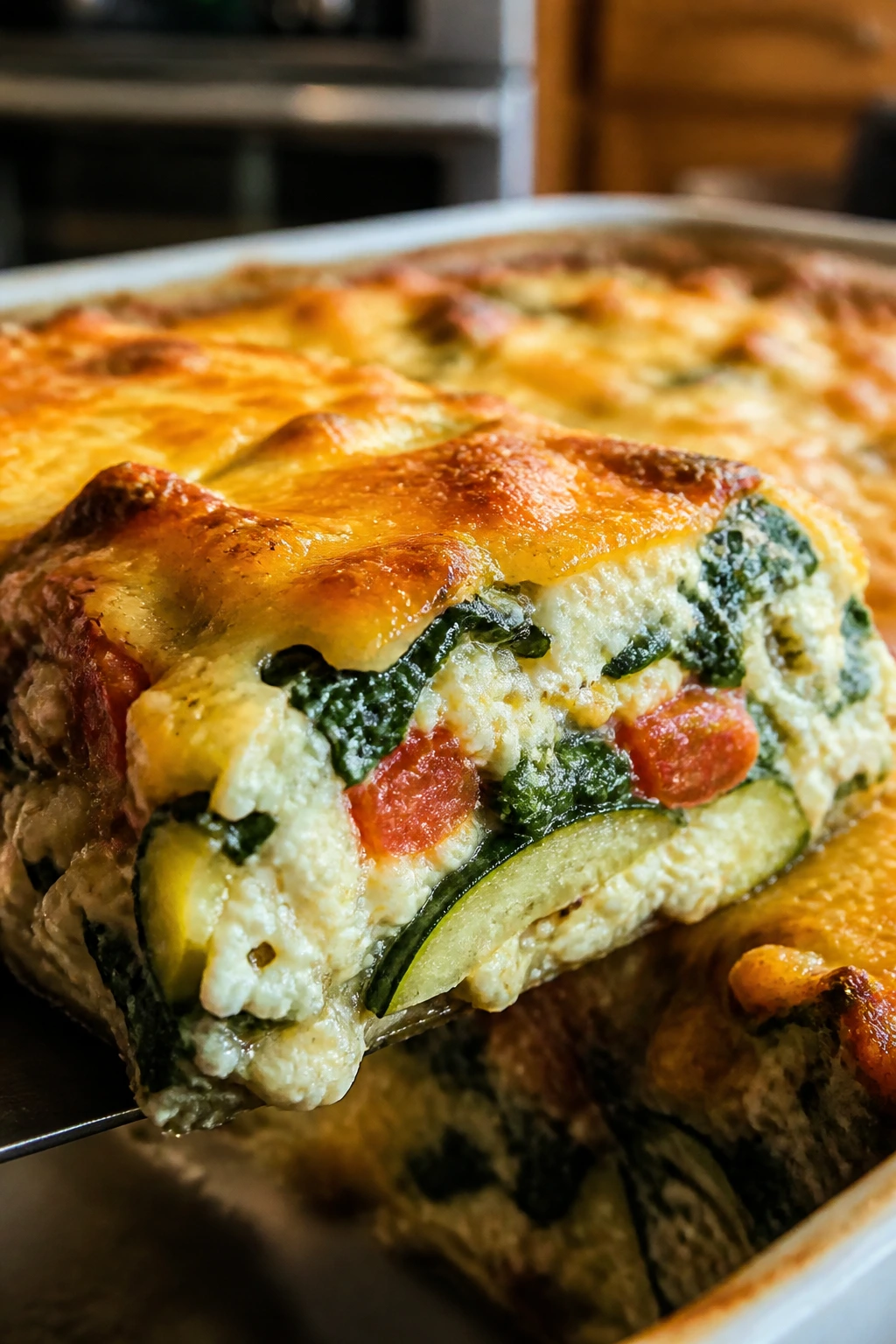 Slice of cottage cheese veggie bake with vegetables and cheddar.