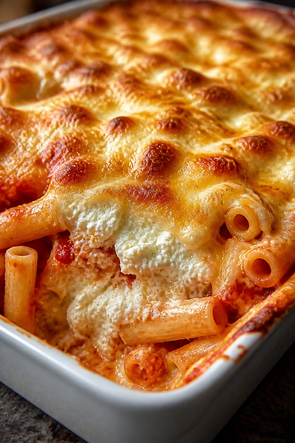 Bubbly cottage cheese baked ziti in a baking dish