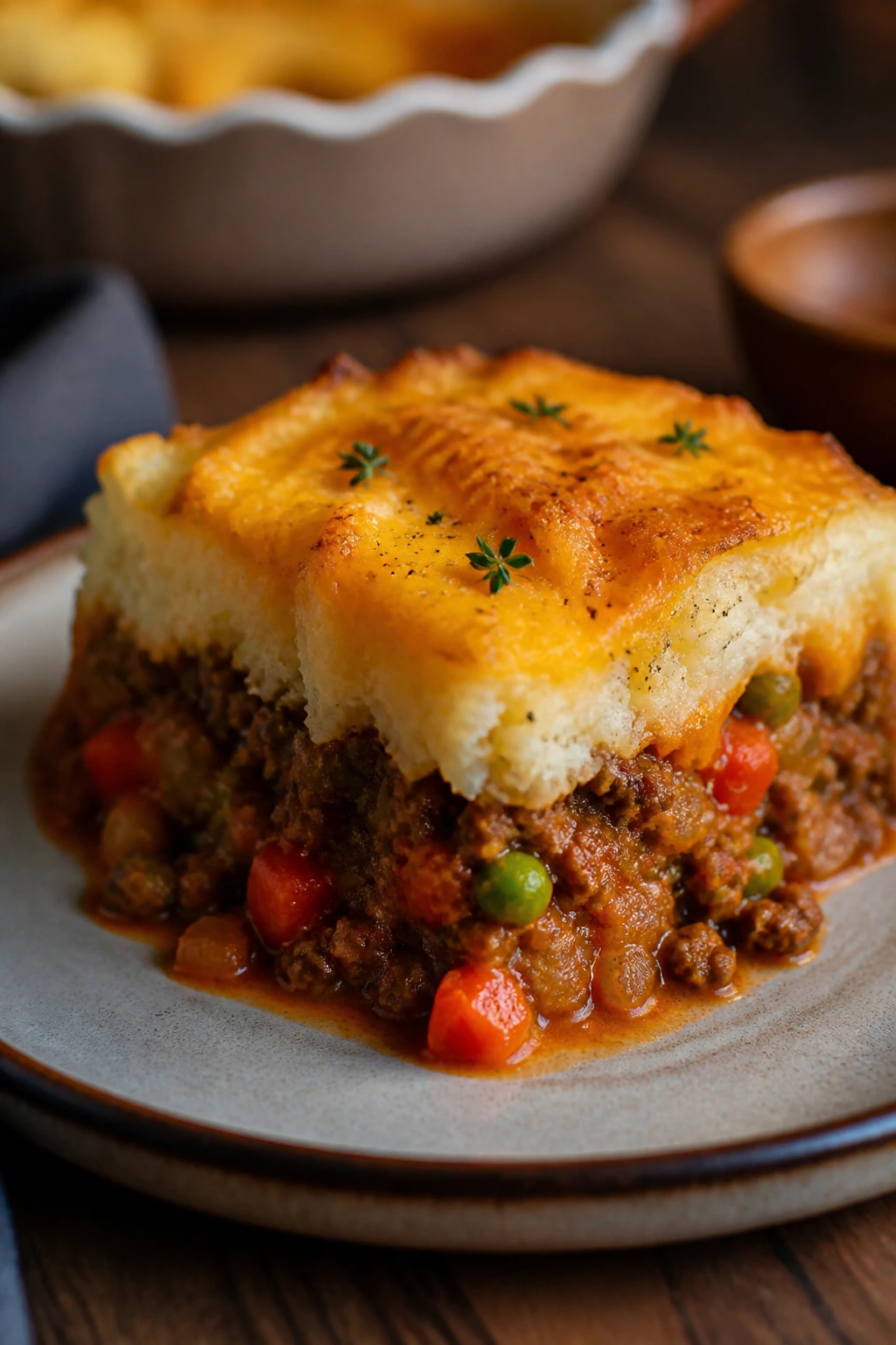 Close-up of Cheddar-Topped Cottage Pie slice with beef filling and cheddar crust