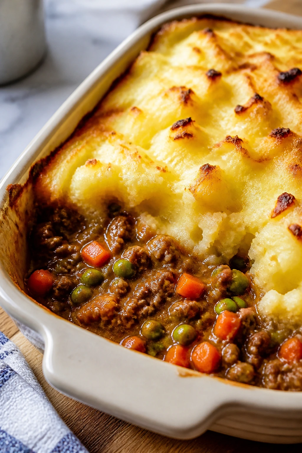 Close-up of cottage pie casserole with beef filling and mashed potato topping in a rustic kitchen