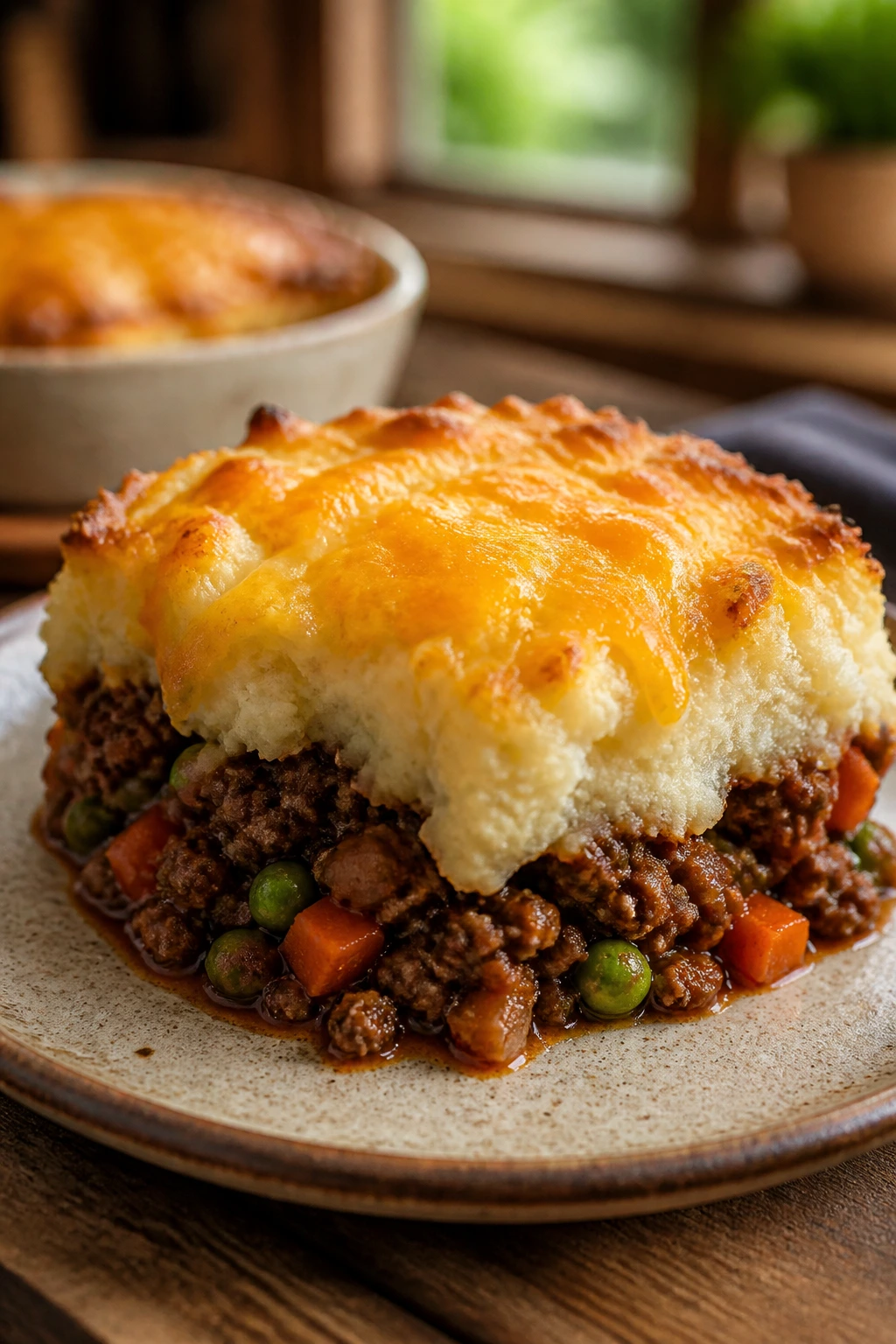 Plate of Cottage Pie with cheddar mashed topping and beef filling