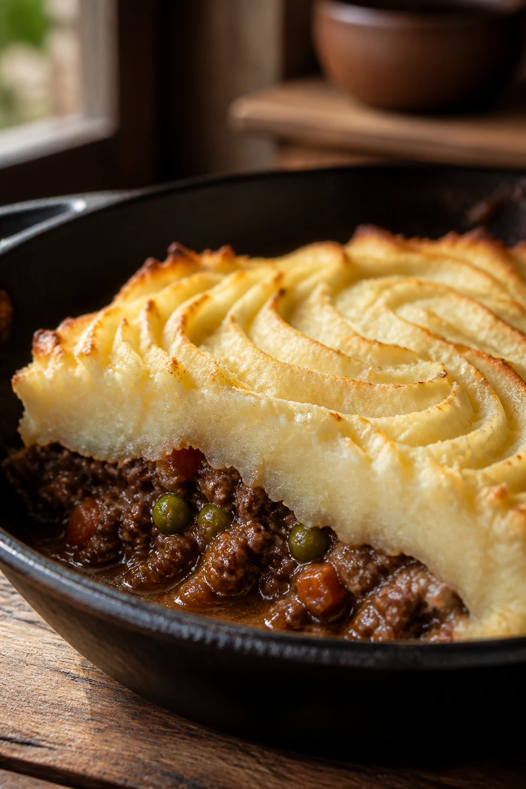 Close-up of glossy cottage pie wedge with ridged mashed potato topping in cast iron pan