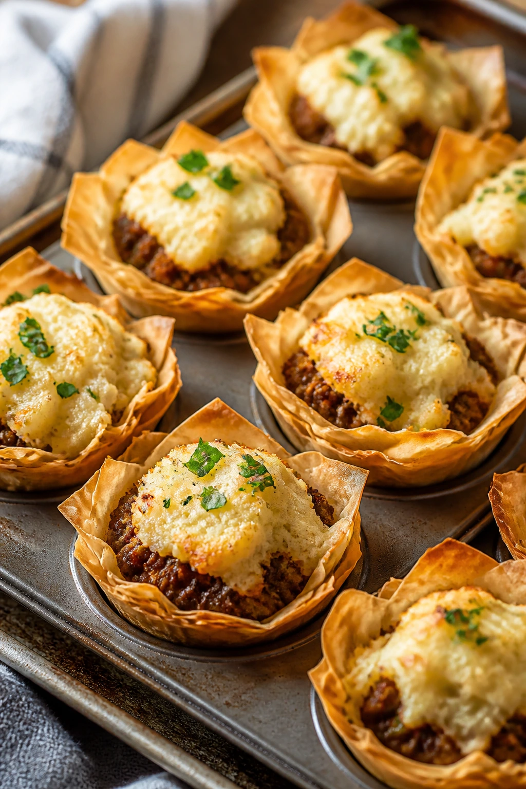 Close-up of cottage pie filo cups in muffin tin