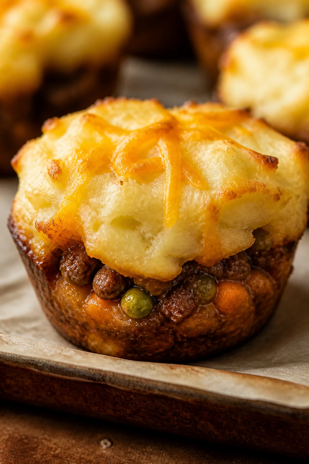 Close-up of cottage pie in a muffin cup with potato topping