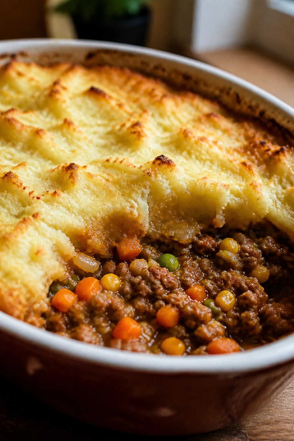 Close-up of cottage pie with mixed vegetables under mashed potato crust in a baking dish