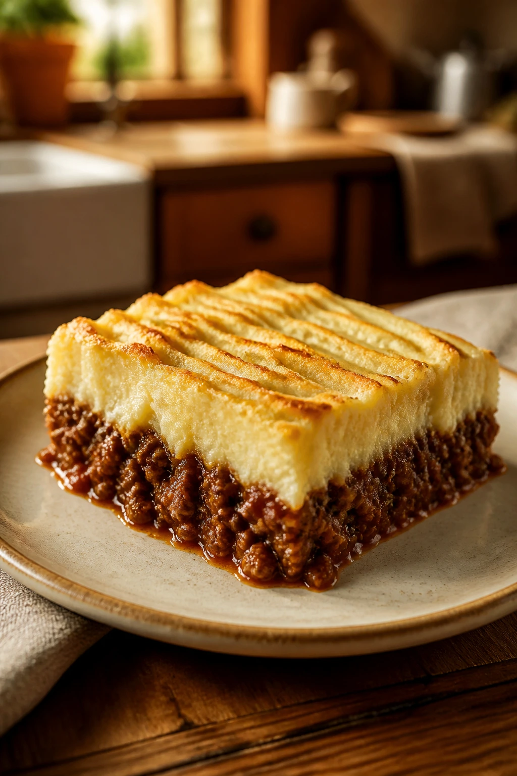 Close-up of a neat cottage pie square plated on a warm rustic table in a cozy kitchen