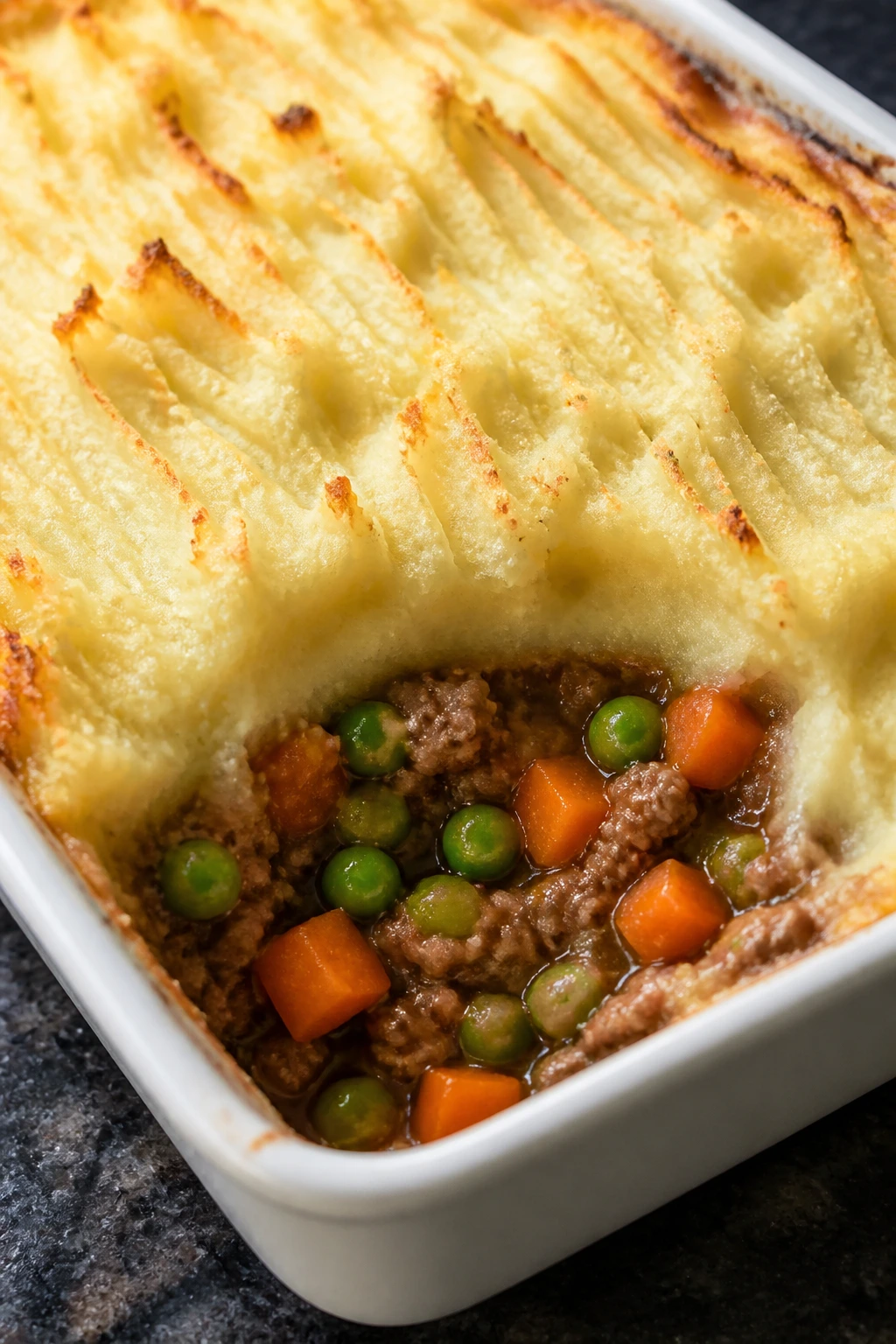 Close-up Cottage Pie with peas and carrots in a baking dish