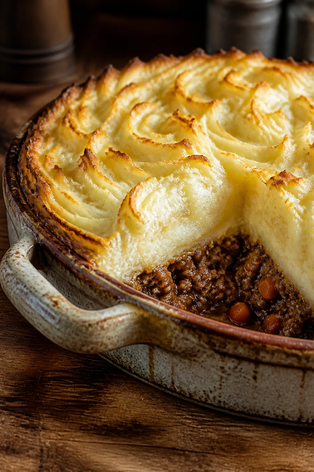 Close-up of cottage pie with cream cheese frosting-like potato topping