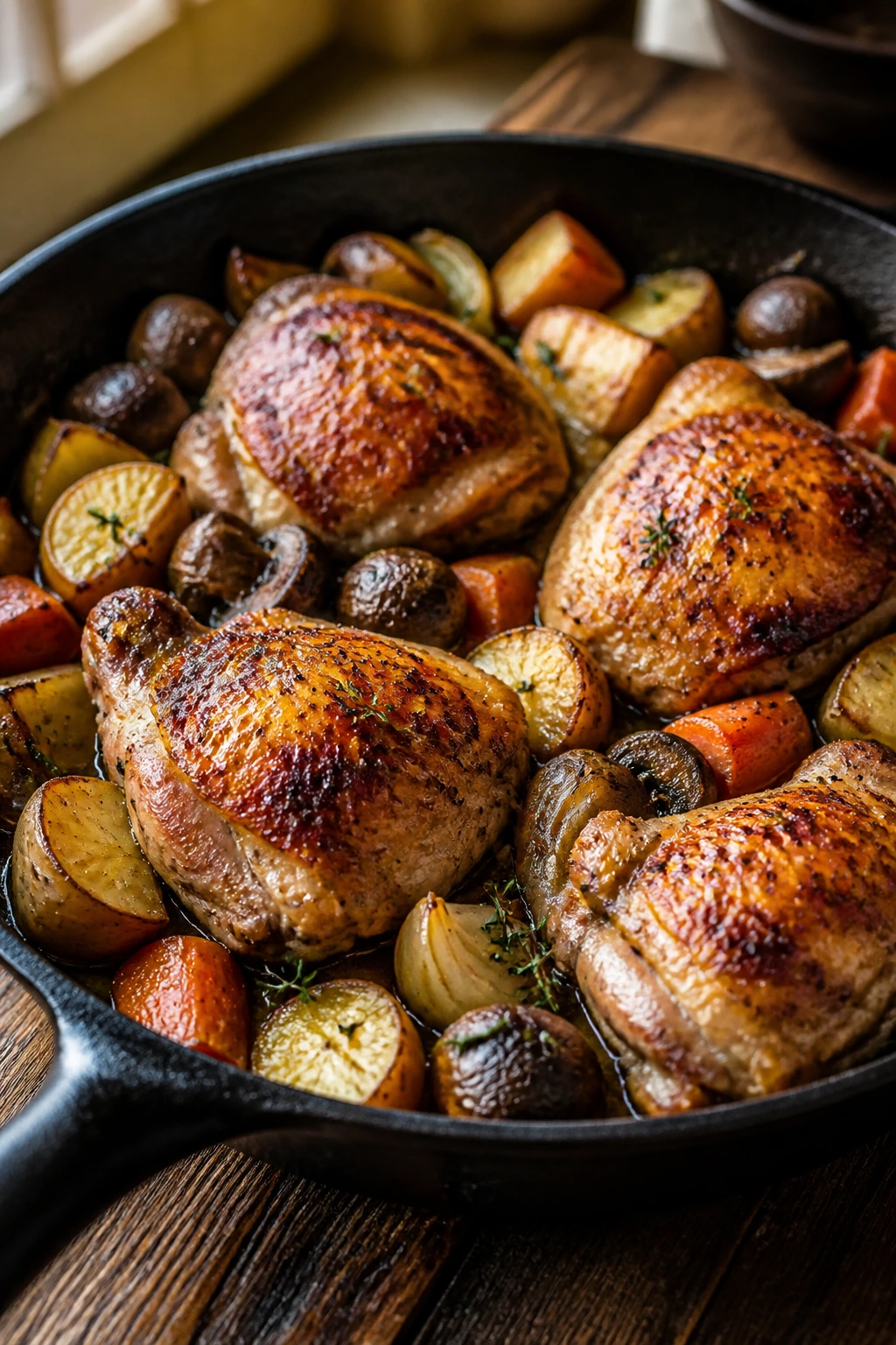 Close-up of cottage-style roast chicken thighs with vegetables in a cast-iron skillet
