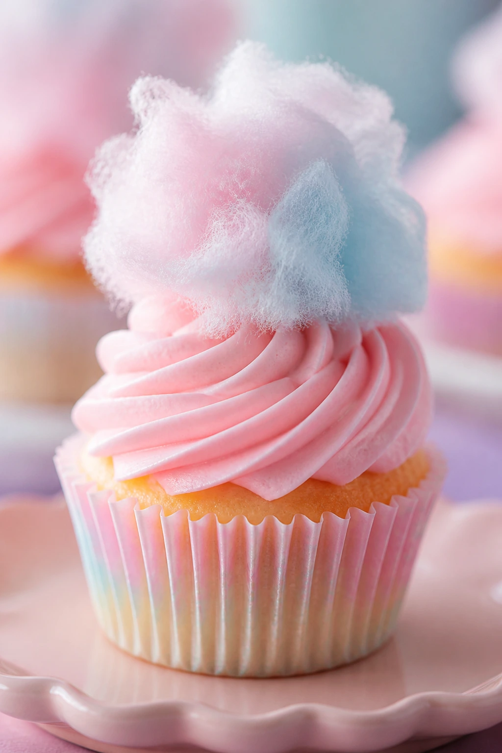 Cupcake with pastel frosting and cotton candy topping on a pastel dessert table