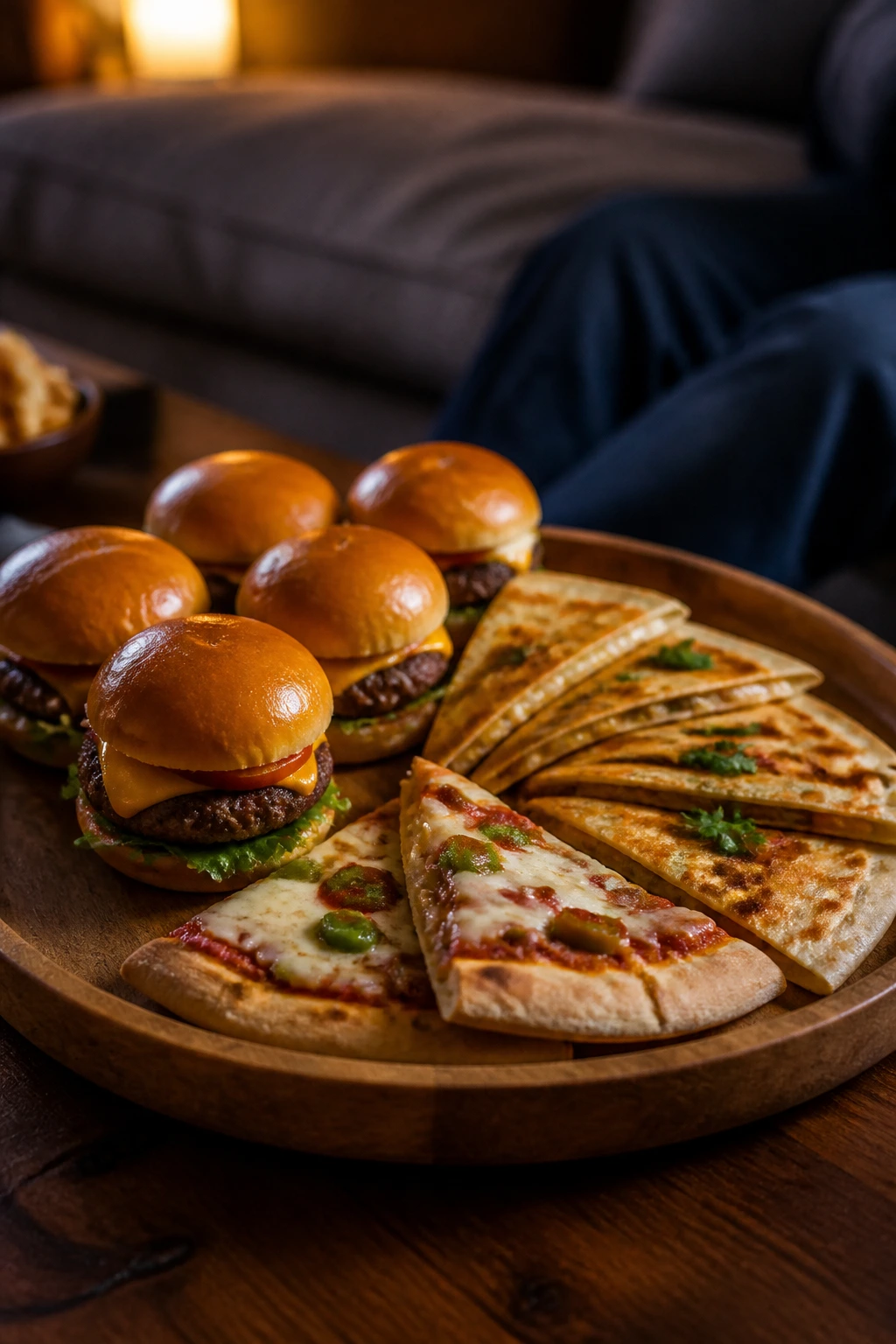 Close-up of a round tray with assorted handheld weeknight meals on a living room coffee table