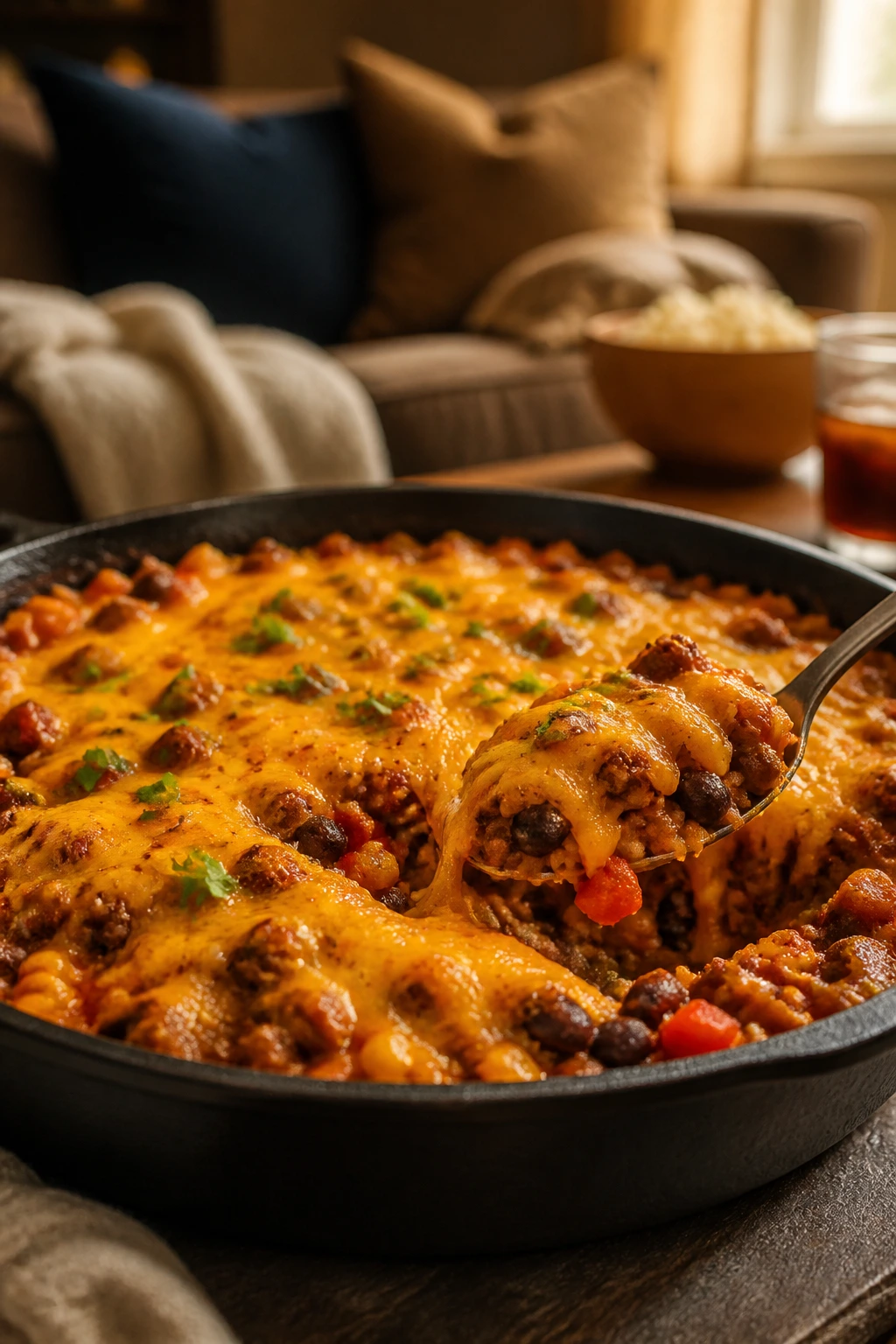 Close-up of a thick, cheesy skillet dinner on a coffee table in a cozy living room