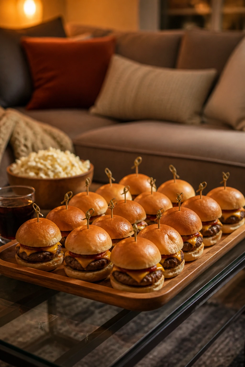Tray of sliders on a couch-side table set for movie night