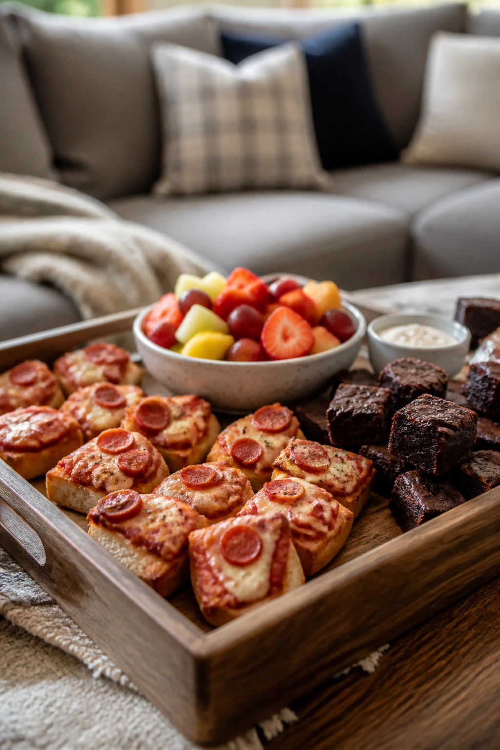 Couch-friendly snack spread on a living room coffee table