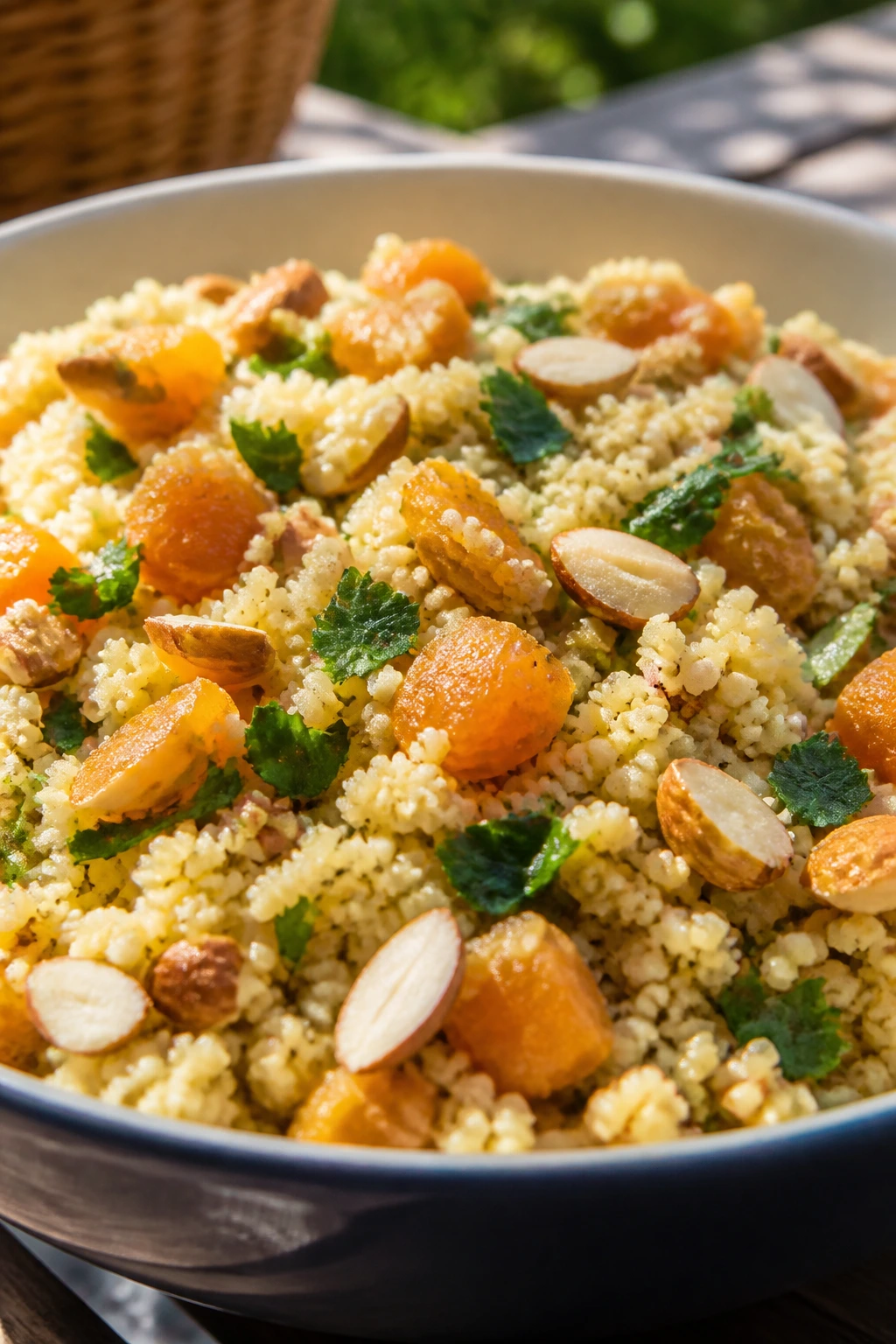 Close-up of couscous salad with apricots and almonds in a bowl