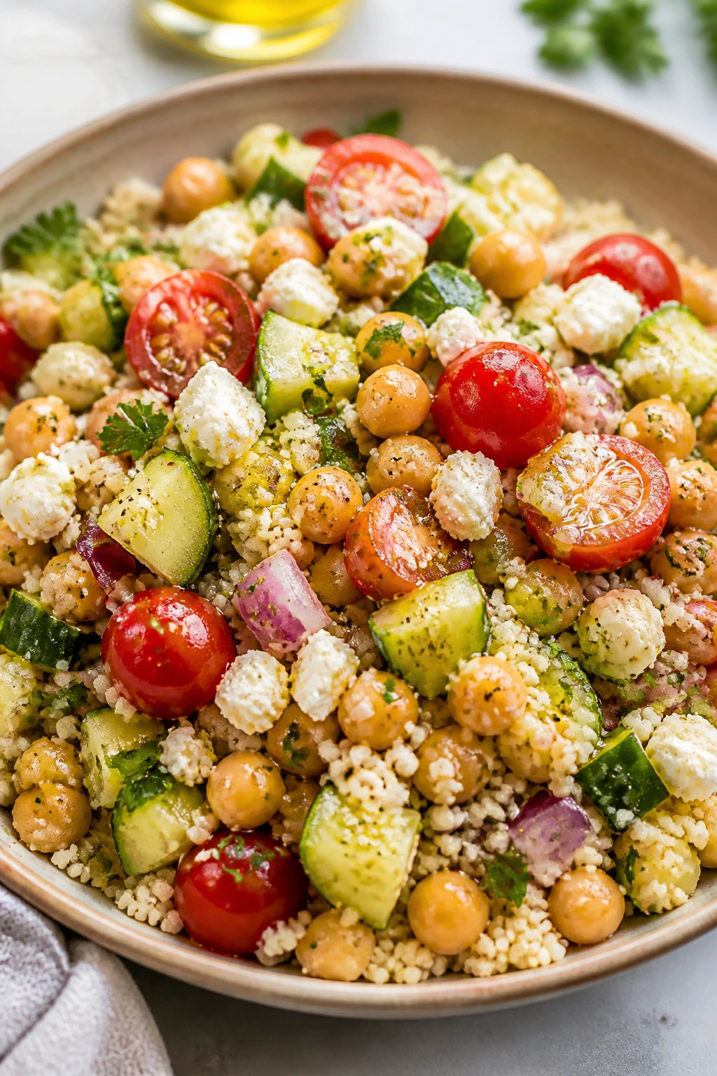 Colorful couscous chickpea bowl with feta