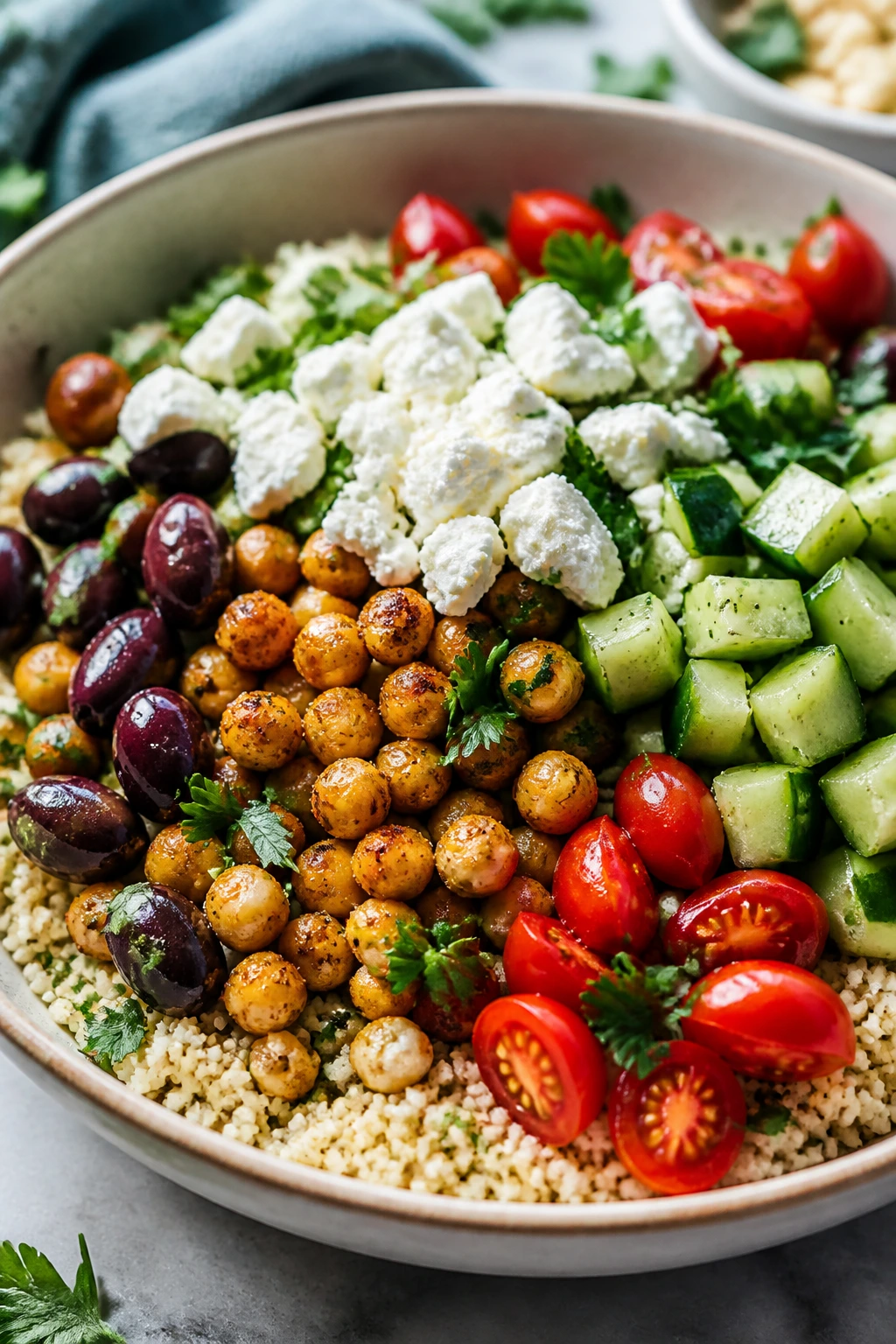 Close-up of Mediterranean Couscous Bowls with chickpeas and vegetables