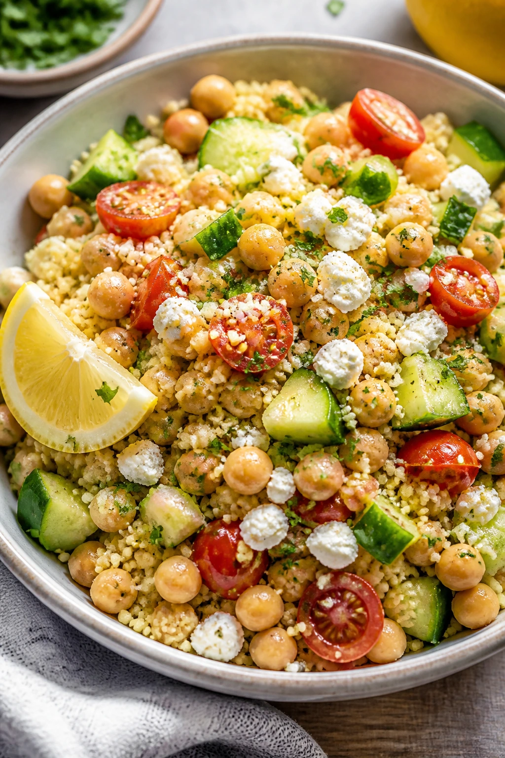 Colorful chickpea couscous bowl with feta and cucumber.